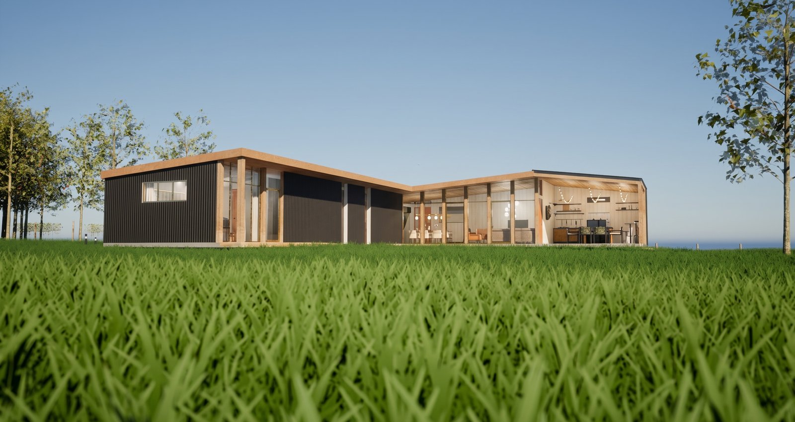 Vista general de Casa La Cruzada, integrada al paisaje de la parcela