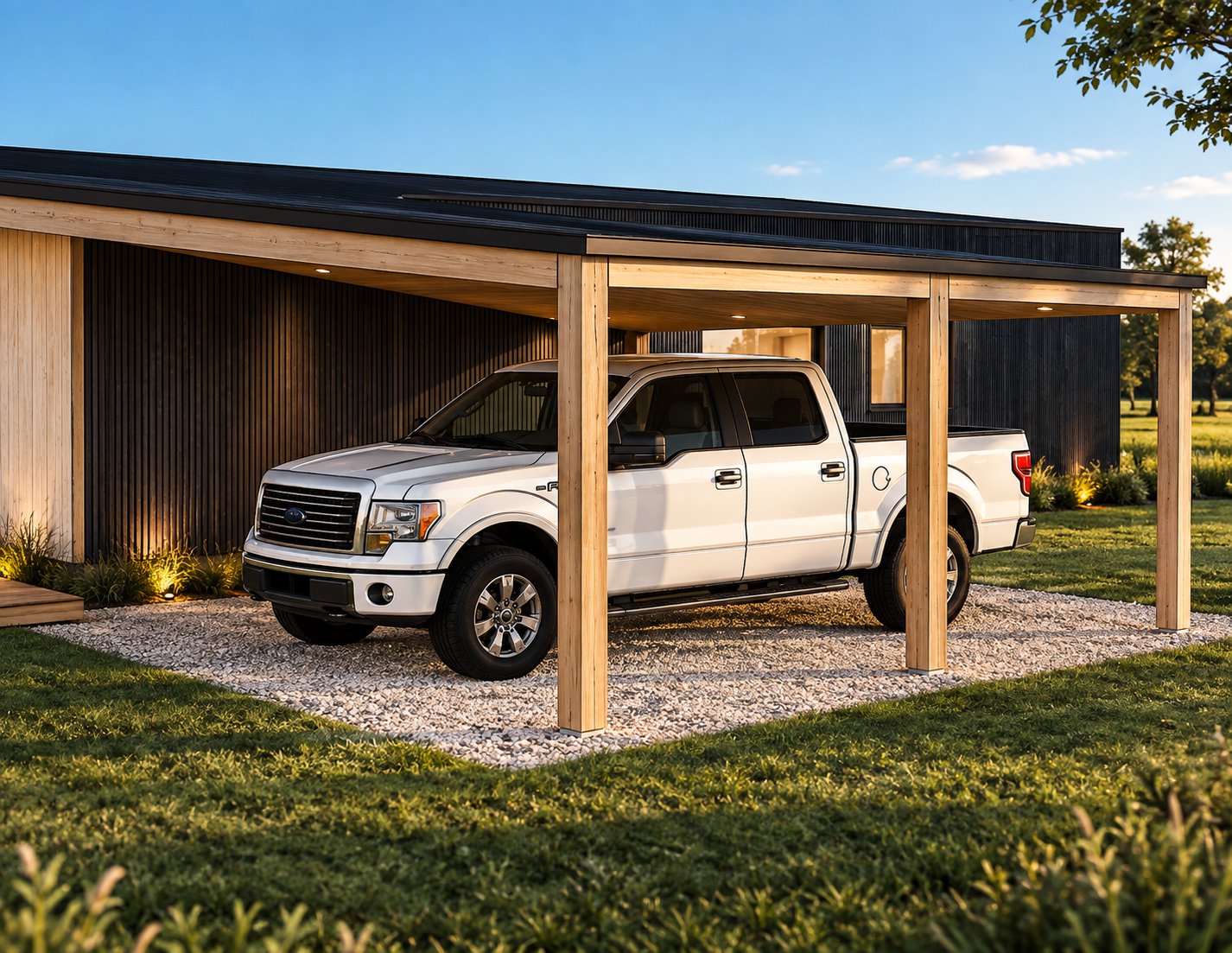 Carport y pérgola de madera de Casa La Cruzada al atardecer