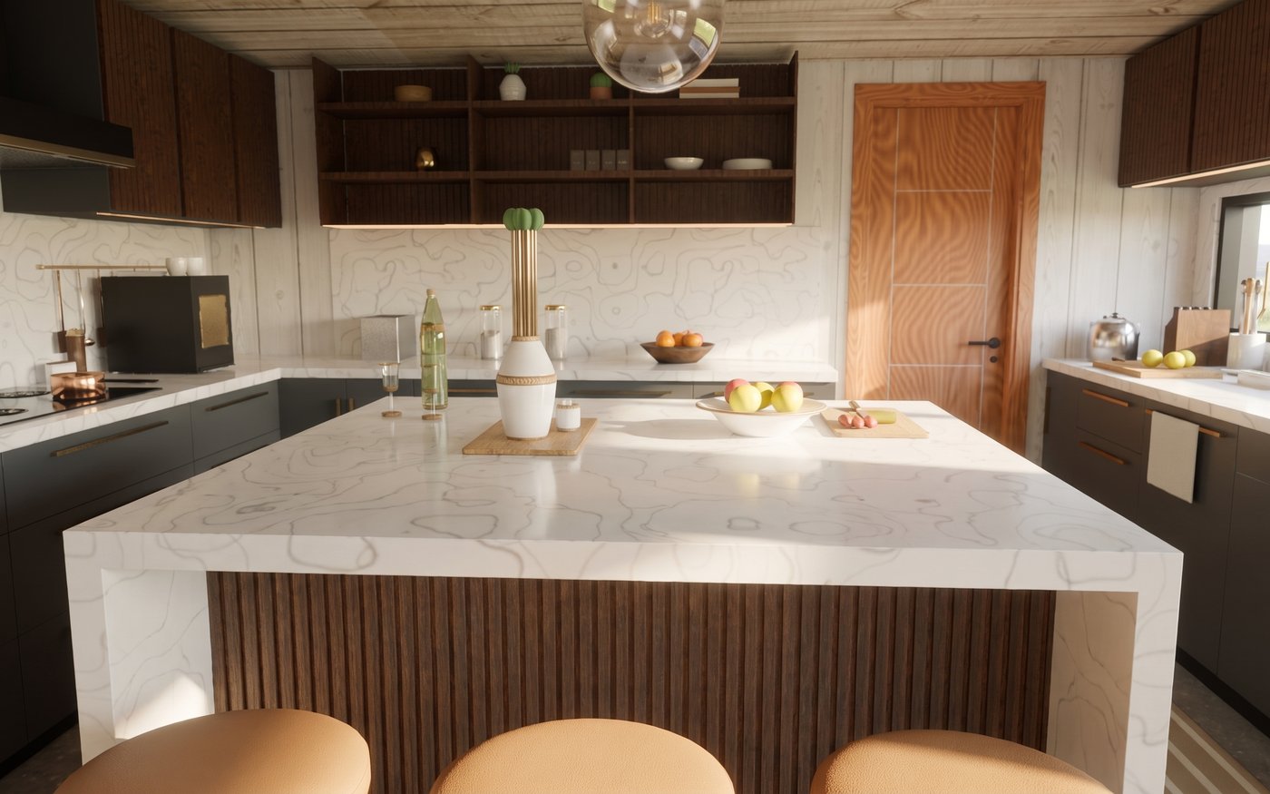 Cocina integrada de Casa La Cruzada con isla y comedor