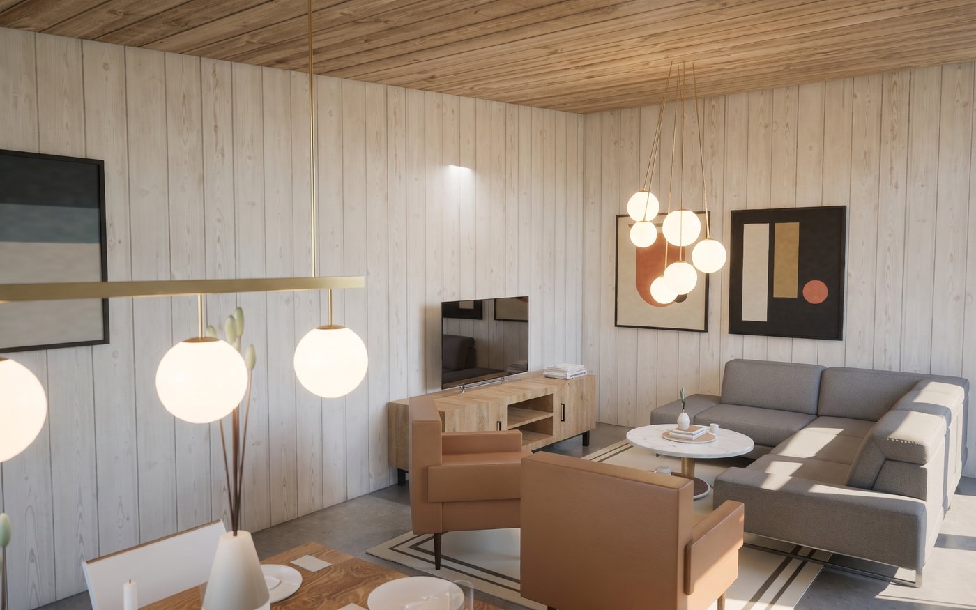 Espacio interior de Casa La Cruzada con cielo de madera y luz natural